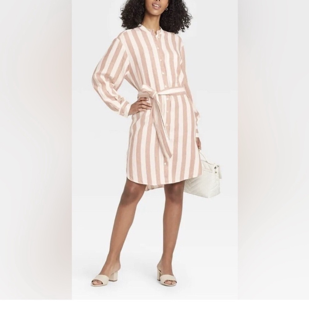 Target A New Day women’s linen blend tan beige striped belted dress size medium